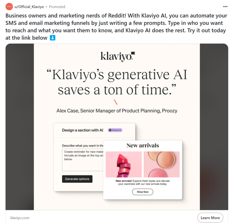 Klaviyo Reddit ad